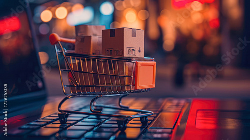 Miniature shopping cart filled with small boxes on a laptop keyboard, symbolizing online shopping and e-commerce concept. photo
