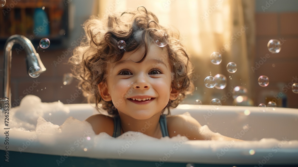 Cute happy child playful and bubble during shower, morning sunlight Cute happy child playful and bubble during shower, morning sunlight