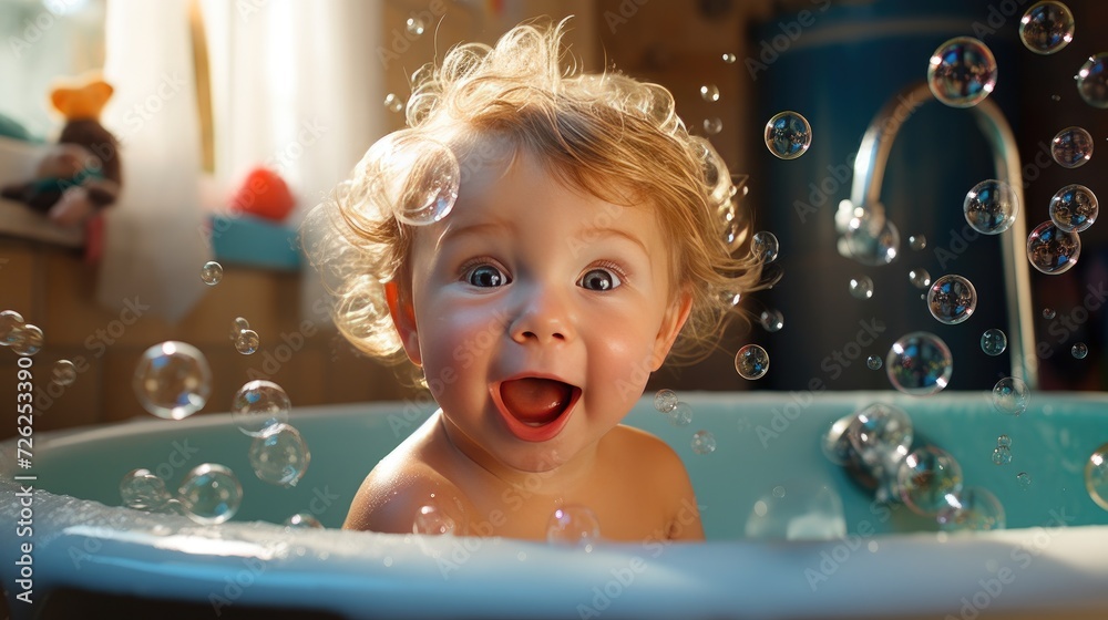 Cute happy child playful and bubble during shower, morning sunlight Cute happy child playful and bubble during shower, morning sunlight