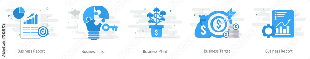 A set of 5 mix icons as business report, business idea, business plant