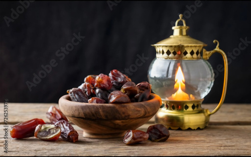 a bowl of dates on a wooden table and lantern burlap as decoration