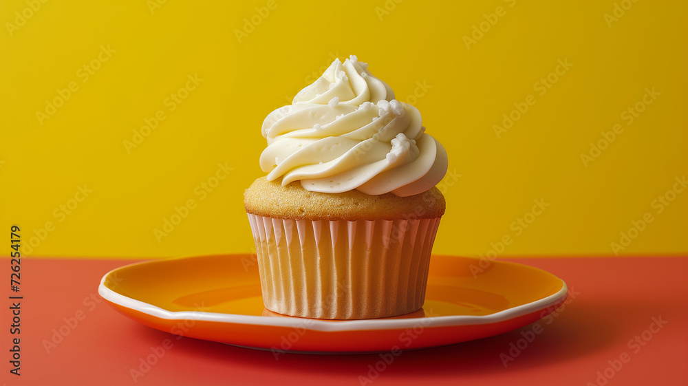 a cupcake with frosting on orange plate a cupcake with frosting on orange plate