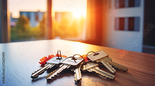 bunch of keys,The Surreal Symphony of Finding Keys Resting Upon the Table in the Brand-New Embrace of an Apartment or Hotel Room photo