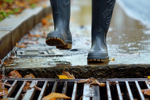 person in rubber boots steps over a storm drain in the rain photo