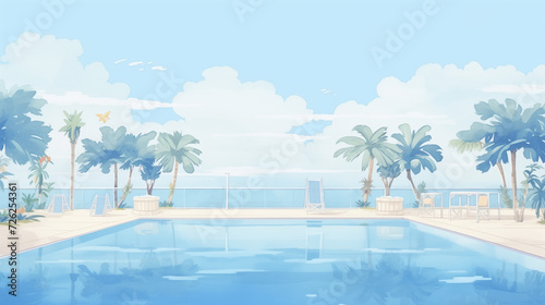 A rectangular oasis of blue, an Olympic swimming pool water color, cartoon, hand drawing, animation 3D, vibrant, minimalist style . ai generated.