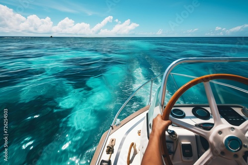 a person steering a boat with clear blue water ahead © primopiano