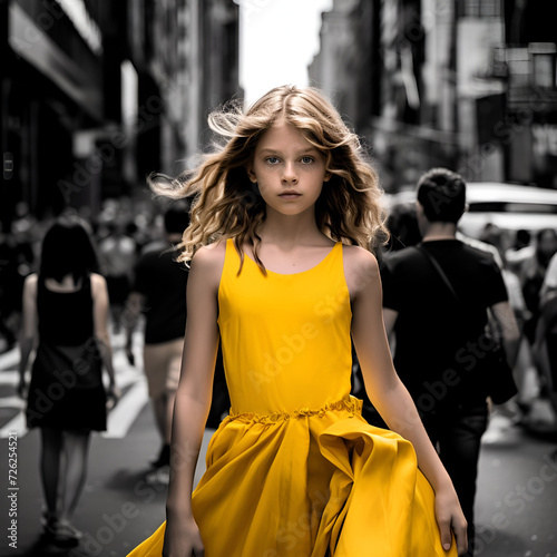 Spotlighted Girl in Yellow Walking Forward