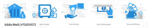 A set of 5 mix icons as bank, bank locker, give money