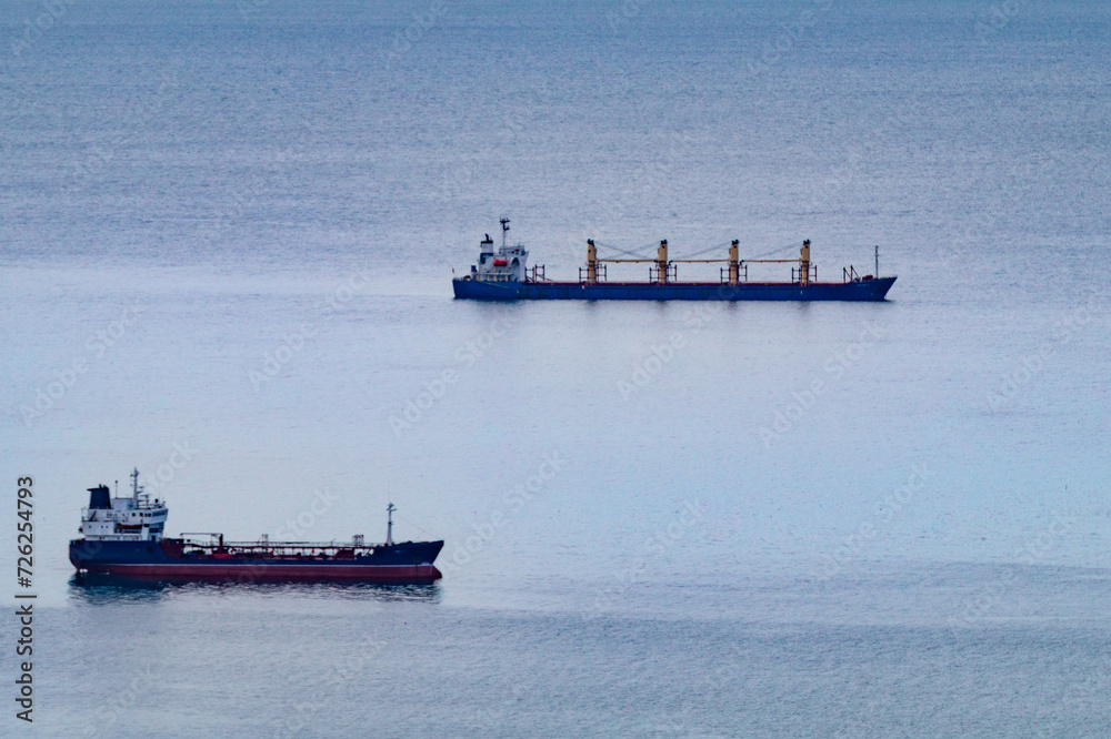 Commercial cargo ships on a roadstead at sea