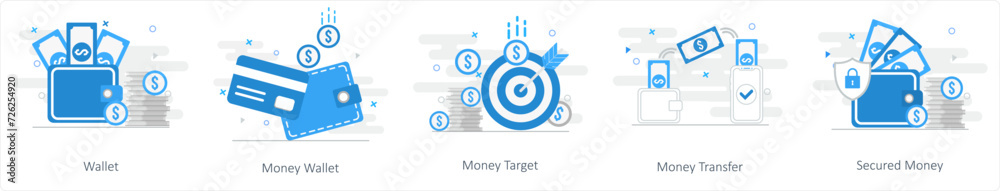 A set of 5 mix icons as wallet, money wallet, money target A set of 5 mix icons as wallet, money wallet, money target