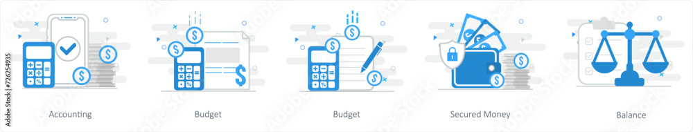 A set of 5 mix icons as accounting, budget, secured money