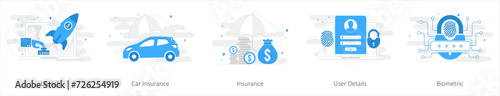 A set of 5 mix icons as launch, car insurance, insurance