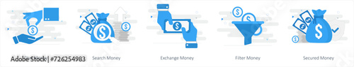 A set of 5 mix icons as give money, search money, exchange money