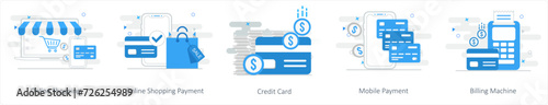 A set of 5 mix icons as online shopping, online shopping payment, credit card