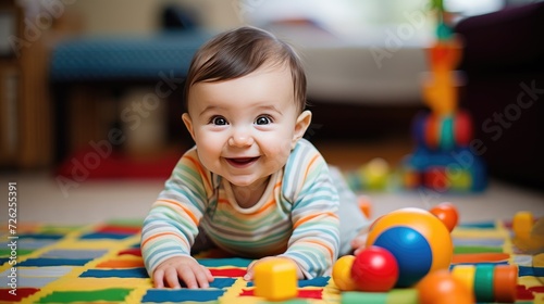 Close-up shot, cute happy baby plays interacting with the toys around him/her self