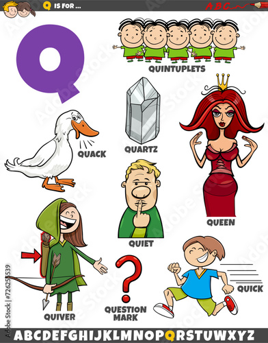 Letter Q set with cartoon objects and characters
