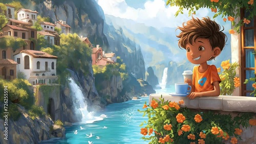 cartoon of a smiling man enjoying a cup of coffee with a view of a waterfall. Seamless looping 4k time-lapse virtual video animation background  photo