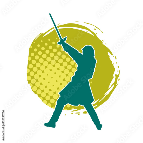Silhouette of a female fighter in action pose carrying sword weapon.