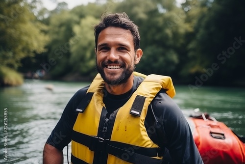 Portrait of a happy young man rafting on the river. photo