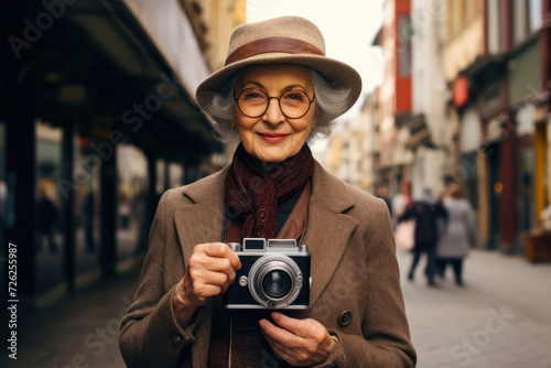Elderly woman taking photos with a vintage camera in an urban environment