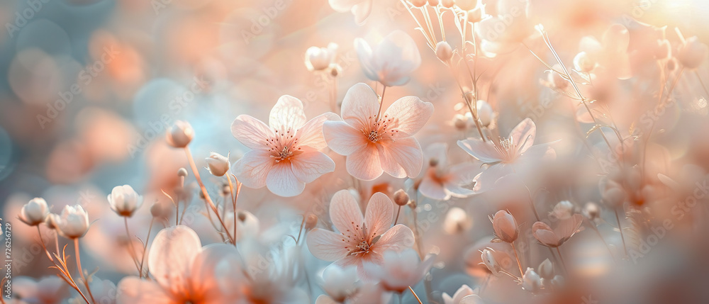 Ultra wide greeting card, pink and white flowers combination, magic of nature, blurred background