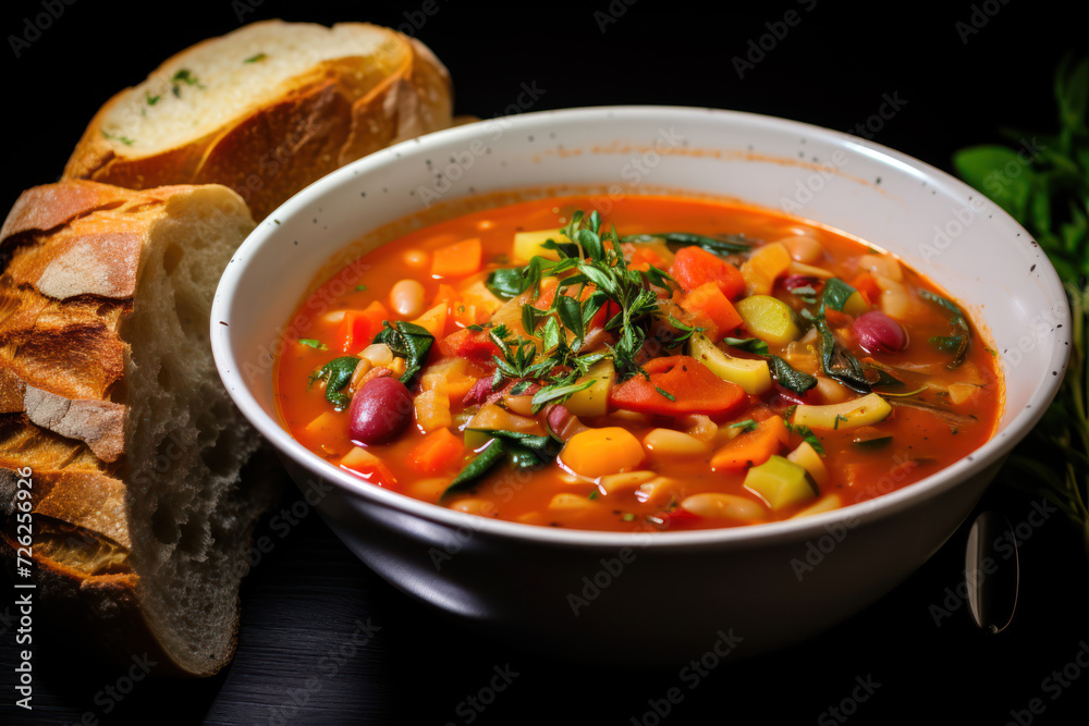 A vegan minestrone soup, loaded with vegetables and pasta, in a large soup bowl, with a side of Italian bread A vegan minestrone soup, loaded with vegetables and pasta, in a large soup bowl, with a side of Italian bread