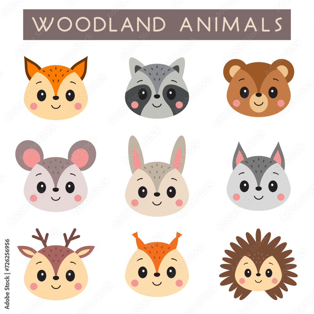 Woodland animals portrait set. Cute fox, raccoon, bear, mouse, rabbit, wolf, reindeer, squirrel, hedgehog. Cartoon vector illustration