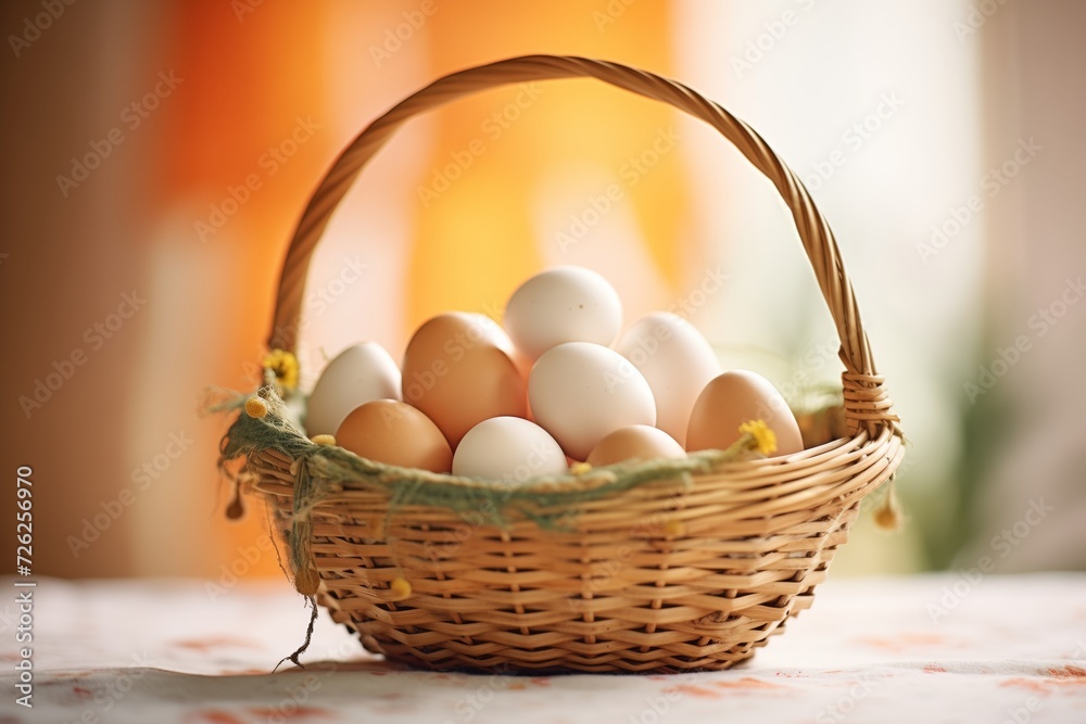 a basket filled with organic eggs a basket filled with organic eggs