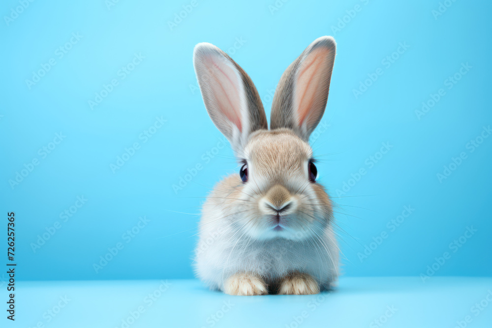 Photo of a small cute Easter bunny on a solid pastel blue background