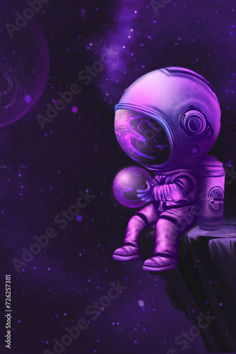 Fantasy night landscape, an astronaut with a ball in his hands sits on a cliff in space against the backdrop of planets and a cosmic nebula, magic, neon.