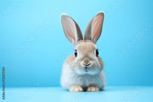 Photo of a small cute Easter bunny on a solid pastel blue background