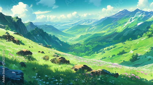 Anime Background  Panoramic View of Sunlit Mountains on a Clear Day  with a Mountainside in the Foreground Adorned with Blooming Flowers  Offering a Breathtaking Vista of Nature s Splendor