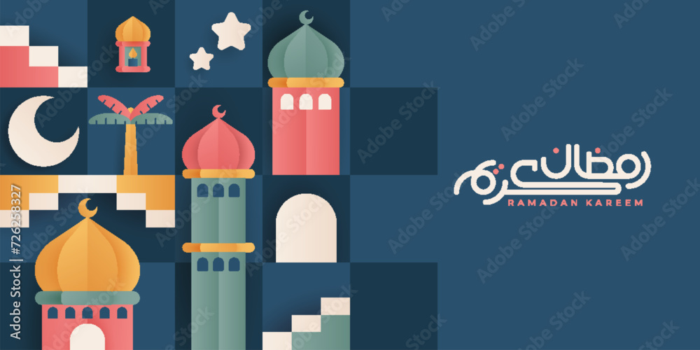 Obraz premium Islamic Ramadan Kareem banner paper cut design and colorful style. Features images of mosques, moons, domes and lanterns. Minimalist illustration.
