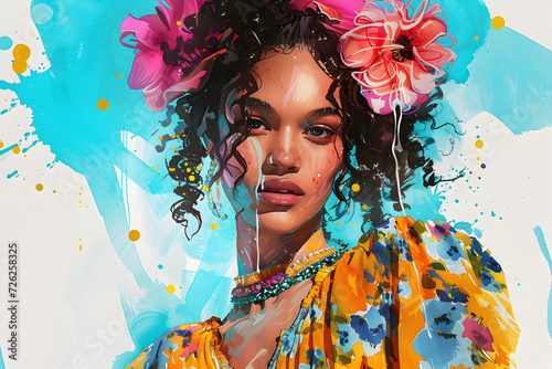 painting of a self-confident African-American woman in hippie-style clothing photo