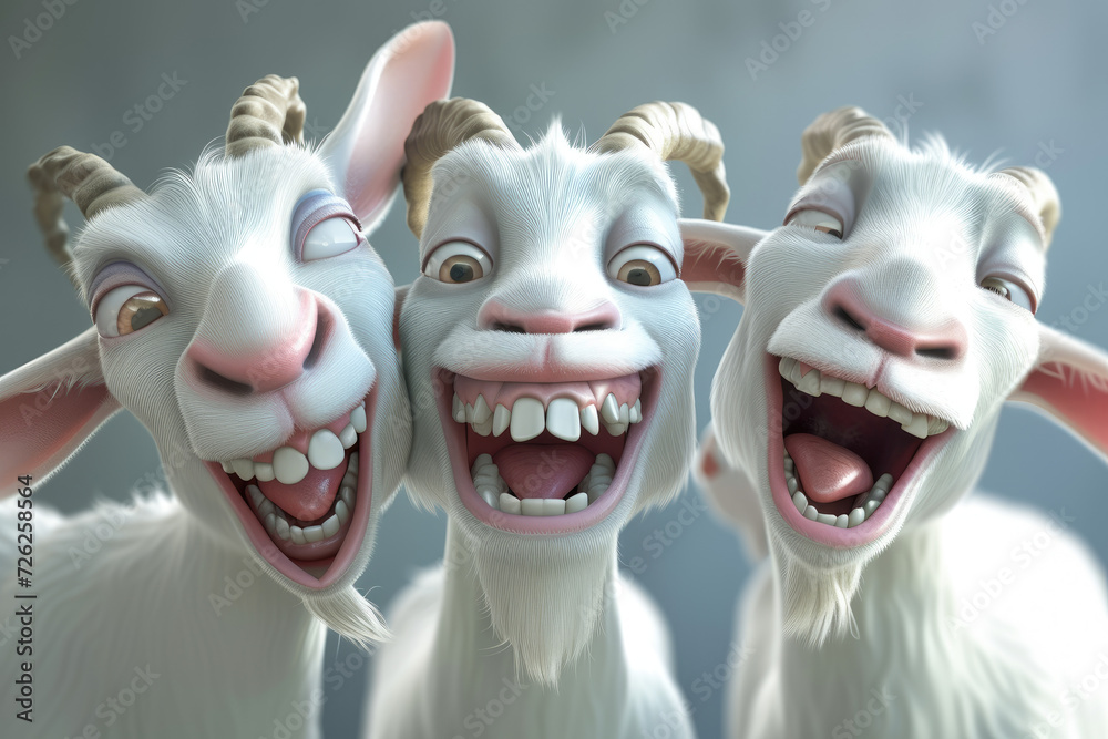 3d cartoon close view of laughing funny happy goats - obrazy, fototapety, plakaty 