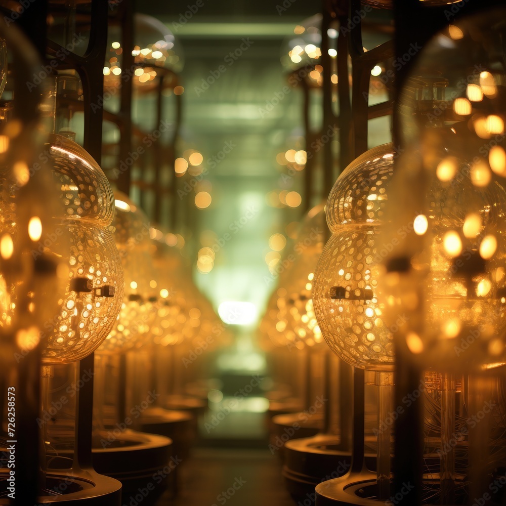 A row of light bulbs in a room. Generative AI.