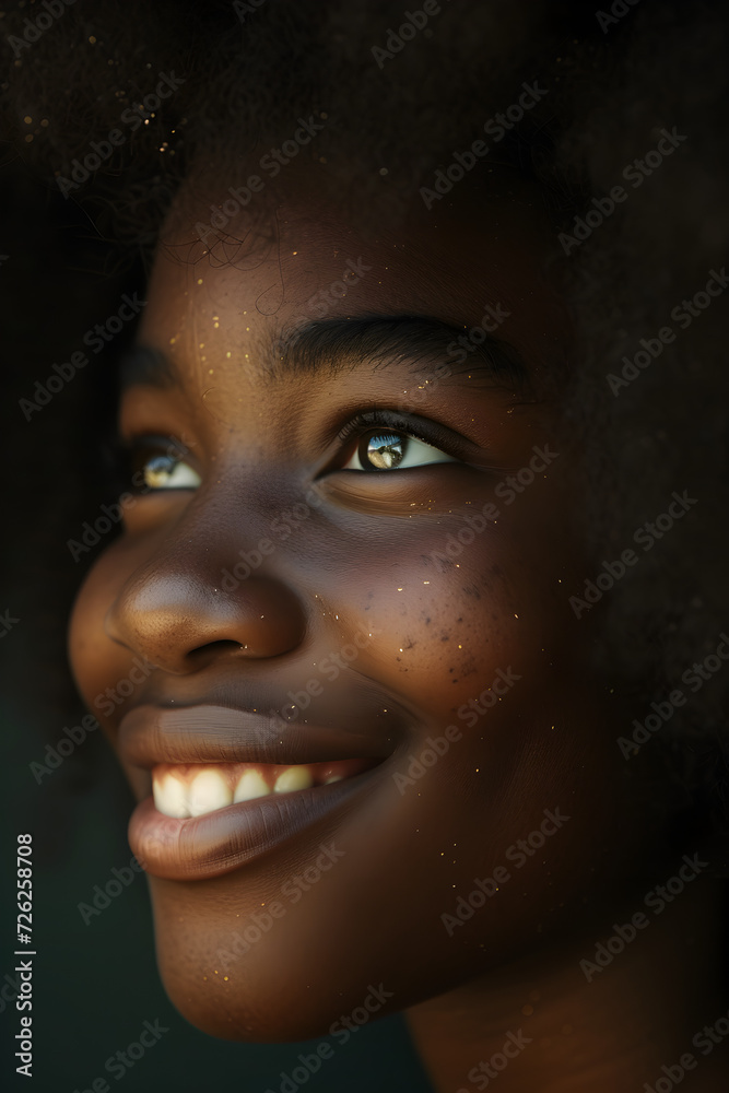 close-up of smiling black girl looking excitedly at something