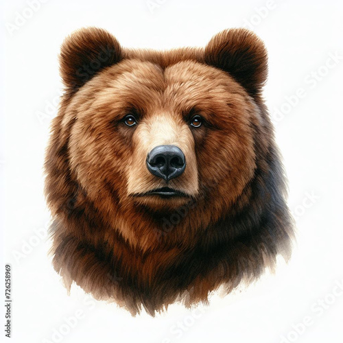 a close-up of a brown bear. The bear’s head fills most of the frame, with its thick fur rendered in soft, textured brushstrokes of brown and umber. a white background. © art illustrations