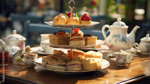 London,  UK: A group indulging in traditional afternoon tea with scones and sandwiches