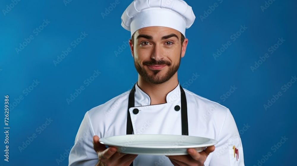 cooking, culinary, male chef holding empty plate, male chef in toque and jacket over blue background, professional, show, serve, cooking, , gourmet, food, service, restaurant, presenting. cooking, culinary, male chef holding empty plate, male chef in toque and jacket over blue background, professional, show, serve, cooking, , gourmet, food, service, restaurant, presenting.