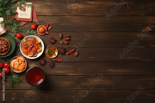 Chinese food still life on wooden background tp view with copy space  happy Chinese New Year