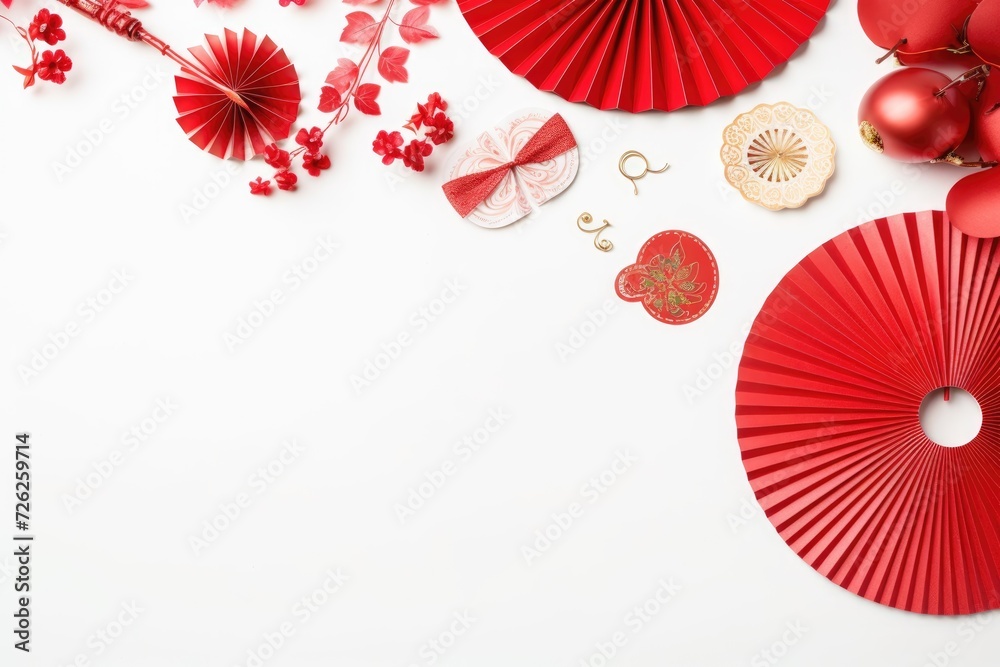 Chinese new year decorations background. Difference items on white copy space