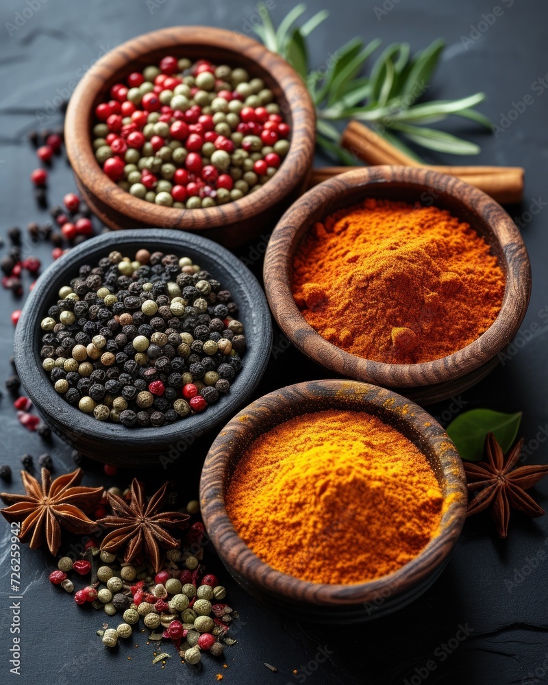 Assorted Spices in Wooden Bowls on Dark Slate Assorted Spices in Wooden Bowls on Dark Slate