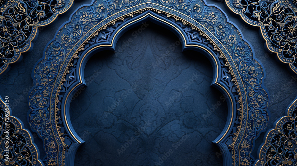 Beautiful Islamic wallpaper background, arabic arch frame in blue & emerald scheme, for ramadan, eid greetings - obrazy, fototapety, plakaty 