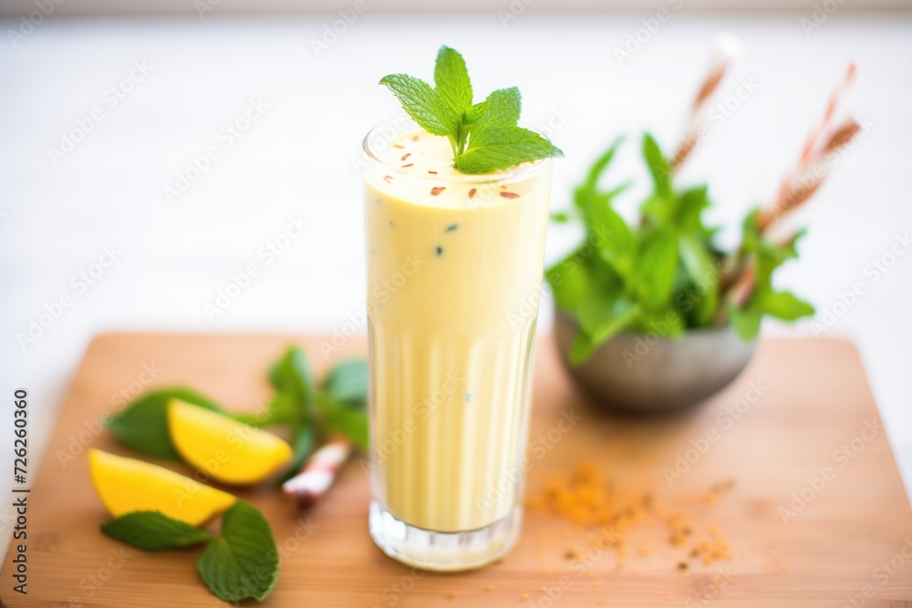 mango lassi with straw and mint leaves mango lassi with straw and mint leaves
