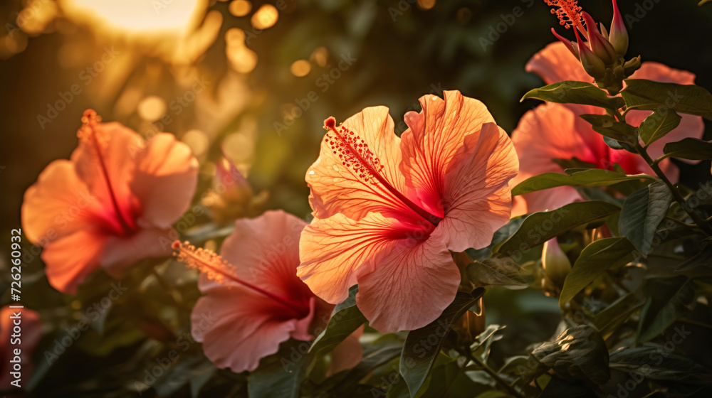 Fototapeta premium Hibiscus grove bathed in a soft, diffused evening glow