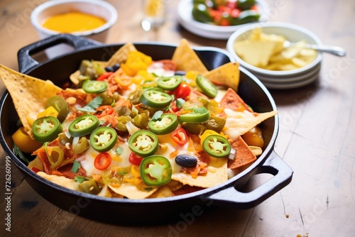 pan of baked nachos loaded with cheese, jalapeos