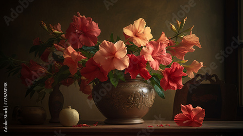 still life composition featuring a cluster of Hibiscus blooms arranged in an elegant vase