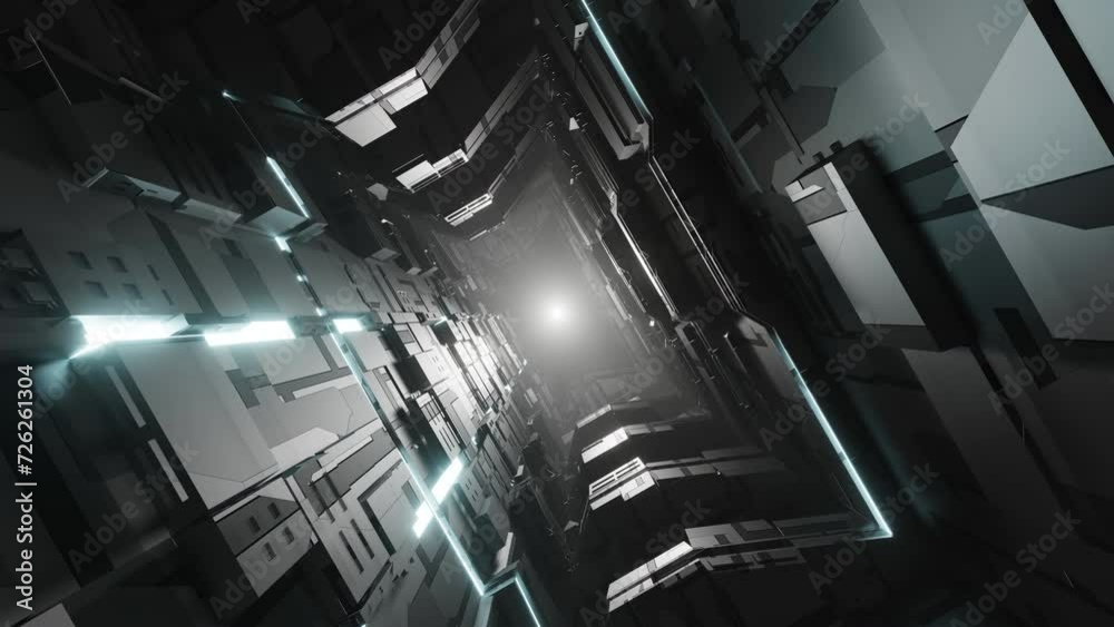 Flying into sci-fi tunnel with glowing neon light, loop motion graphic for technology and electronic concept, 3D rendering.
