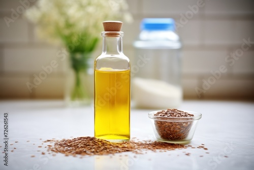 organic linseed oil in clear bottle with flax seeds